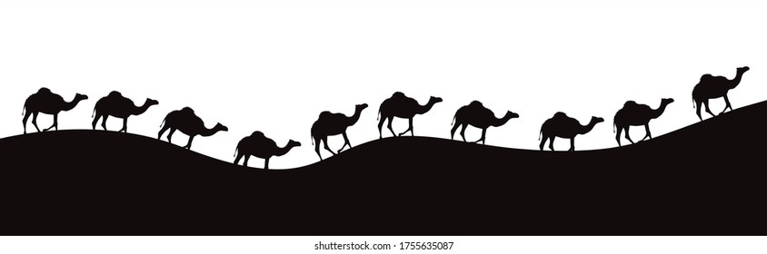 Vector silhouette of walking camels on sand. Symbol of caravan in Sahara.