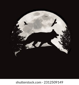 Vector silhouette of walking dog on moon background. Symbol of night and pet animal.