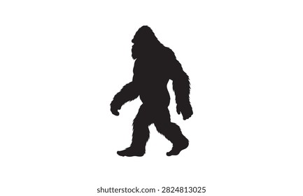 Vector silhouette of a walking sasquatch isolated on a white background, depicting mythological forest monsters, cryptozoology legends, and mysterious hairy hominid creatures.