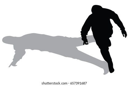 Vector silhouette of walking young man pointing on white background