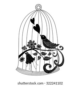 Vector silhouette of wall stickers. Bird in a cage and flowers. 