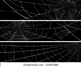 Vector silhouette of web of spider, isolated on black, for horizontal banner.