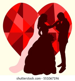 vector silhouette of wedding couple on a background of red hearts, wedding