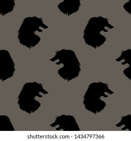 Vector Silhouette of Werewolf Head Seamless Pattern on Grey Background. Fair tale Character of Ancient Mythology. Fictional Animal.