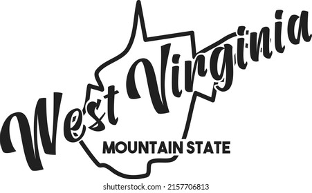 Vector silhouette of West Virginia. Nickname inscription Mountain State. Hand-drawn illustration map of the USA territory. Image for US poster, banner, print, United States of America card, t-shirt