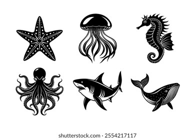 Vector Silhouette of Whale, Shark, Octopus, Jellyfish, Seahorse, Starfish