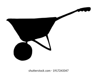 silueta vectorial de una carretilla de perfil en negro sobre fondo blanco para una plantilla de diseño. elemento de carretilla de jardín y construcción vista lateral aislada de una rueda y una manija dibujada a mano 