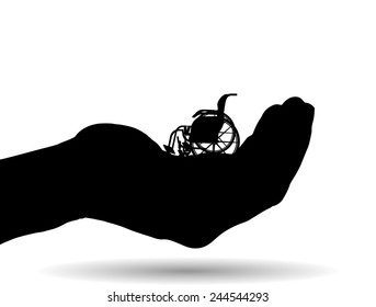 Vector silhouette of a wheelchair on palm on white background.