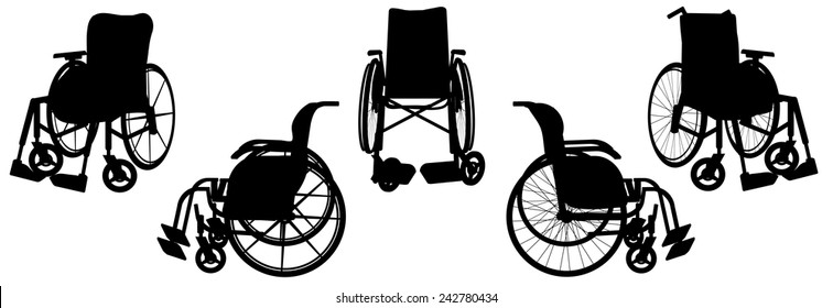 Vector silhouette of a wheelchair on a white background.