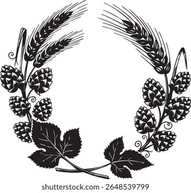 A vector silhouette where a large stalk of hops and a stalk of barley curve to form a circle.