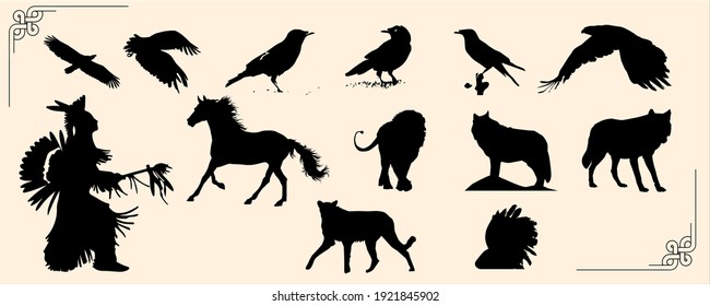 vector silhouette of wild animals and birds and indians, black silhouette of indians, lion, tiger, wolf, eagle, crow, magpie