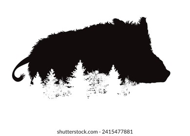 Vector silhouette of wild boar with forest on white background. Symbol of wild animal and nature.