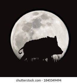 Vector silhouette of wild boar on moon background. Symbol of night and forest animals.