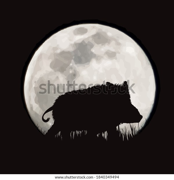 Vector silhouette of wild boar on moon\
background. Symbol of night and forest\
animals.