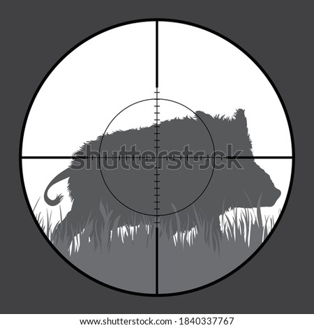 Vector silhouette of wild boar in rifle sight while hunting. The hunter watches his victim.