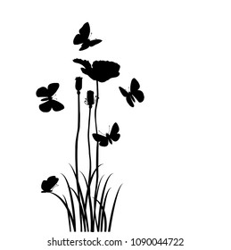 Vector silhouette of wild plants, grass, flowers and butterflies, hand drawn illustration, natural floral template