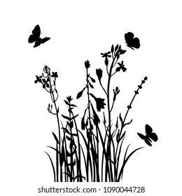 Vector silhouette of wild plants, grass, flowers and butterflies, hand drawn illustration, natural floral template