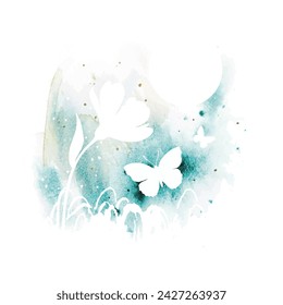 Vector silhouette of wildflower and butterflies isolated on white dackground. Romantic watercolor abstract nature design with splash for print, poster, banner, postcard