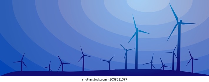 Vector silhouette. Wind generator, power plant. Blue tech background for header