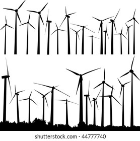 Vector silhouette of wind generators or wind turbines