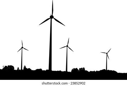 Vector silhouette of wind turbines producing environment friendly energy