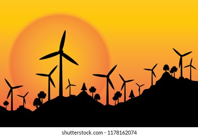 vector silhouette wind wheel electric energy with sunset background.
