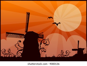 vector silhouette of windmills