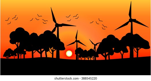 Vector silhouette windmills on the sunset