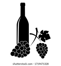 Silueta vectorial de una botella de vino y racimo de uvas sobre un fondo blanco. Plantilla, icono o logotipo para su diseño.