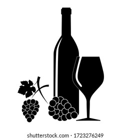 Vector silhouette of a wine bottle, glass and bunch of grapes on a white background. Template, badge or logo for your design.
