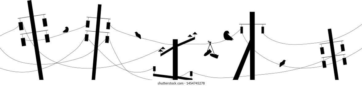 vector silhouette of wires, pillars, birds and shoes