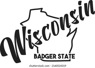 Vector silhouette of Wisconsin. Nickname inscription Badger State. Hand-drawn illustration map of the USA territory. Image for US poster, banner, print, United States of America card, t-shirt