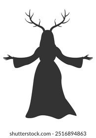 Vector silhouette of a witch with deer horns in a dress for Halloween decoration. Witches' Sabbath