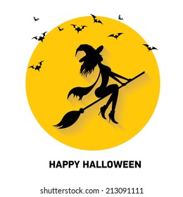 vector silhouette of Witch flying on witch broom. happy halloween background