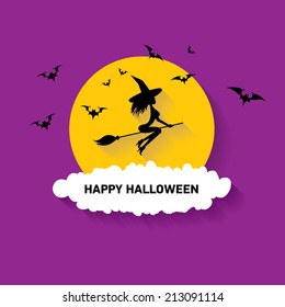 vector silhouette of Witch flying on witch broom. happy halloween background