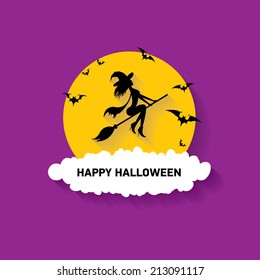 vector silhouette of Witch flying on witch broom. happy halloween background