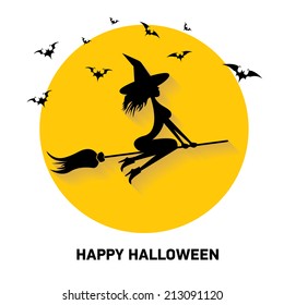 vector silhouette of Witch flying on witch broom. happy halloween background