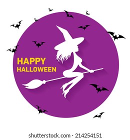 vector silhouette of Witch flying on witch broom. happy halloween background