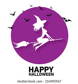 vector silhouette of Witch flying on witch broom. happy halloween background