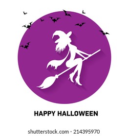 vector silhouette of Witch flying on witch broom. happy halloween background