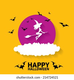 vector silhouette of Witch flying on witch broom. happy halloween background