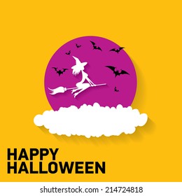 vector silhouette of Witch flying on witch broom. happy halloween background