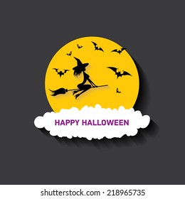 vector silhouette of Witch flying on witch broom. happy halloween background
