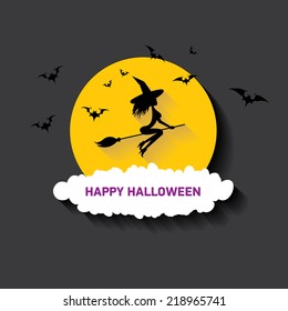 vector silhouette of Witch flying on witch broom. happy halloween background