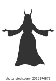 Vector silhouette of a witch with goat horns in a dress for Halloween decoration. Witches' Sabbath