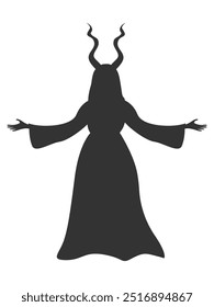 Vector silhouette of a witch with mountain goat horns in a dress for Halloween decoration. Witches' Sabbath