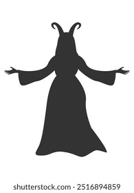 Vector silhouette of a witch with ram horns in a dress for Halloween decoration. Witches' Sabbath