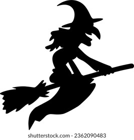 Vektorsilhouette einer Hexe, die auf einem fliegenden Besatz reitet