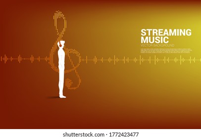 Vector silhouette of wman standing with headphone and music note equalizer wave.background for streaming music and digital song.