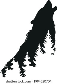Vector. The silhouette of a wolf and the forest